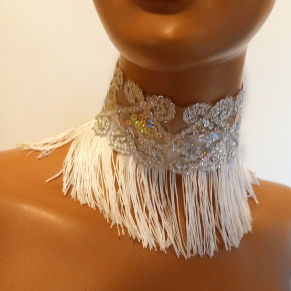Silver Sequins & White Tassel Choker, Silver And White Necklace - Picture 3 of 3
